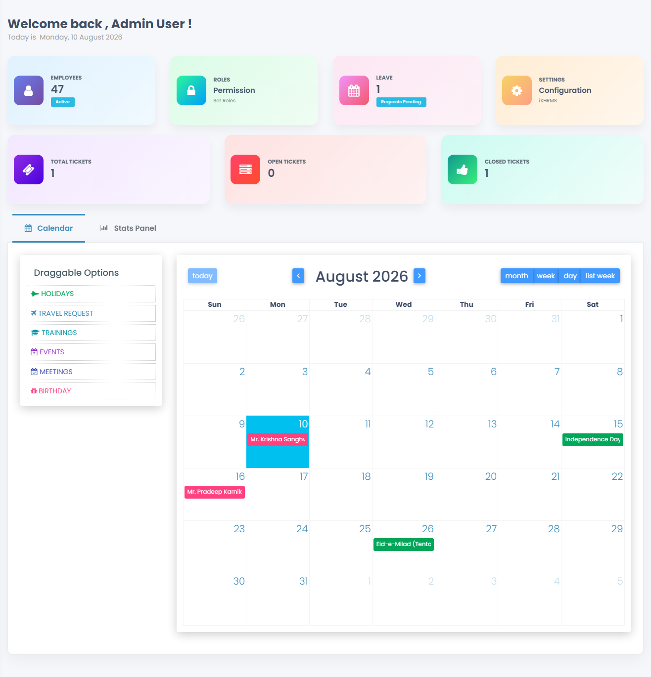 iXHRMS admin dashboard
